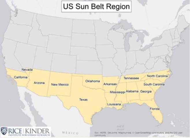 미국 선벨트 지역 [사진출처=Kinder Institute for Urban Research]