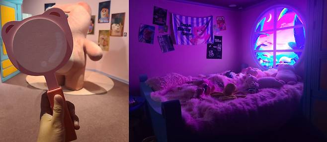 벨리곰 미스터리 맨션에서 사용하는 특수 제작된 벨리곰 모양의 돋보기(왼쪽). 돋보기를 통해 공간을 이동하면 벨리곰 침실로 구성된 공간에 도착할 수 있다. /민영빈 기자