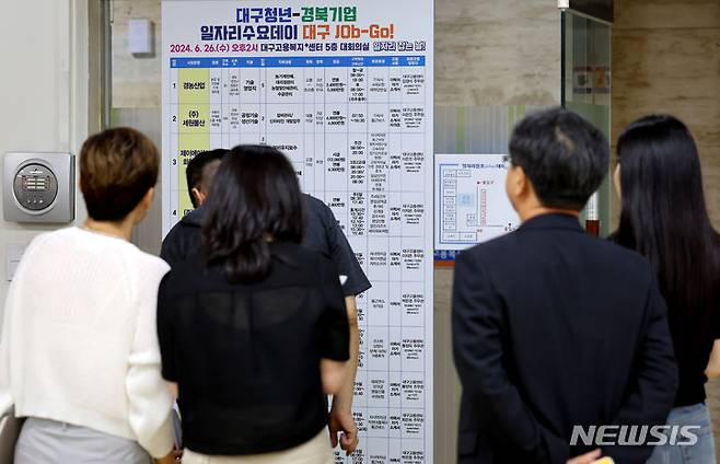 [대구=뉴시스] 이무열 기자 = 지난 6월26일 대구 수성구 대구고용복지플러스센터에서 열린 '대구청년-경북기업 일자리수요데이 대구 JOb-Go!'에서 구직자들이 채용알림판을 살펴보고 있다. 2024.06.26. lmy@newsis.com