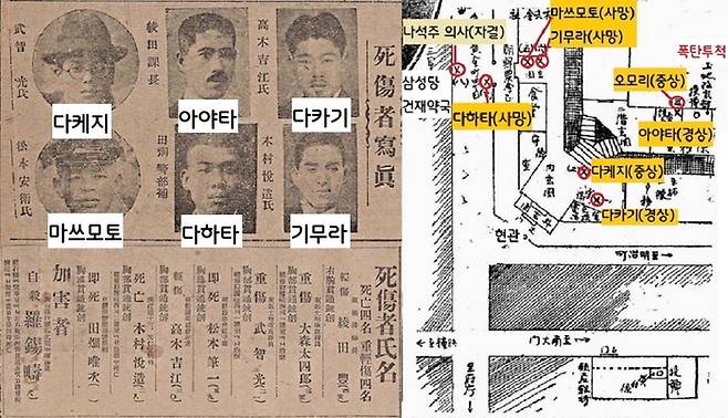 매일신보에 공개된 사상자 명단(왼쪽)과, 동아일보가 그린  나석주 의사의 동선. 나석주 의거로 3명이 사망하고 4명이 중경상을 입었다. 폭탄이 터졌다면 수십명이 죽거나 다쳤을 것이다.