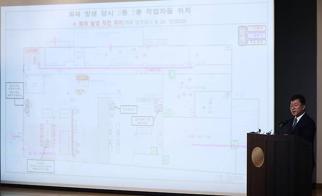 김종민 경기남부경찰청 아리셀 화재 사고 수사본부장이 지난 23일 오전 경기도 화성시 남양읍 화성서부경찰서에서 23명의 사망자가 발생한 아리셀 공장 화재 사고 수사 결과를 발표하고 있다. 연합뉴스