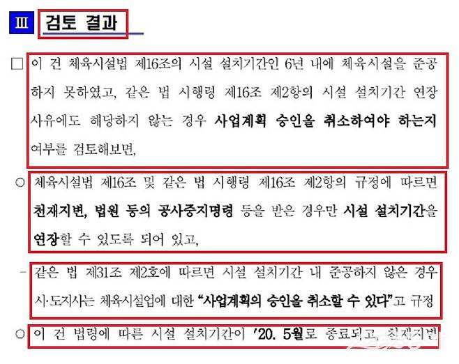 2020년 3월 3일 체육시설 설치기간 경과 체육시설의 사업계획 승인 취소 관련 감사원 사전컨설팅 의견서 자료. 사진제공｜감사원