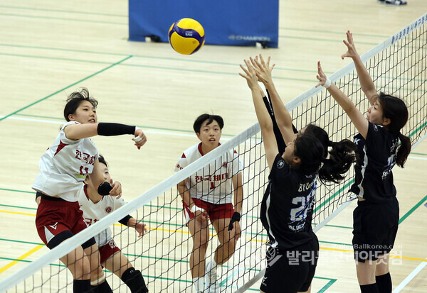 2024 서울시민 배구리그에서 한국체육대 여자부 선수가 공격하는 모습.