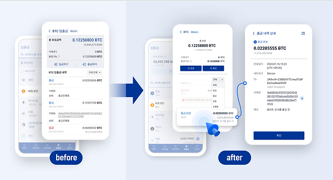 업비트는 최근 기능을 개선해 가상자산 입출금 내역에 대한 상세 히스토리를 확인할 수 있도록 했다. /업비트 제공