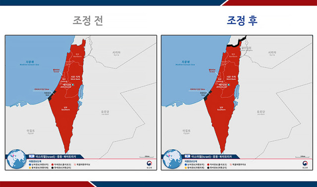 ▲ 외교부는 7일 0시부터 이스라엘-레바논과 접경지역에 대해 '여행금지'에 해당하는 여행경보 4단계를 발령하겠다고 밝혔다. 사진 오른쪽의 검은색 구역이 7일 이후부터 적용되는 여행금지 대상 지역이다. 나머지 빨간색으로 표시된 지역은 '출국권고'를 의미하는 여행경보 3단계 발령 지역이다. ⓒ외교부