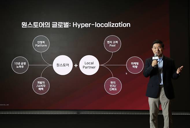 전동진 원스토어 대표가 28일 서울 중구 SKT타워 수펙스홀에서 개최된 2024 원스토어 미디어 간담회에서 원스토어 '하이퍼 로컬라이제이션'에 대해 설명했다.