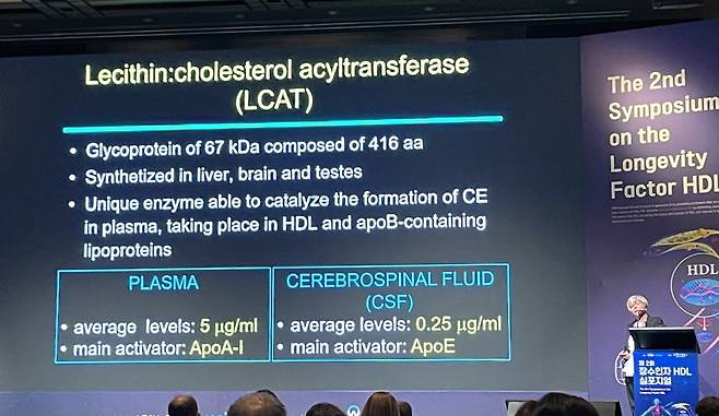 밀라노대 약리학·분자생물과학 로라 칼라블레시 교수가 지난 27일 개최된 ‘제2회 장수인자 HDL 심포지엄’에서 HDL과 신경퇴행성 질환 사이 상관관계에 관해 발표하고 있다./사진=이슬비 기자