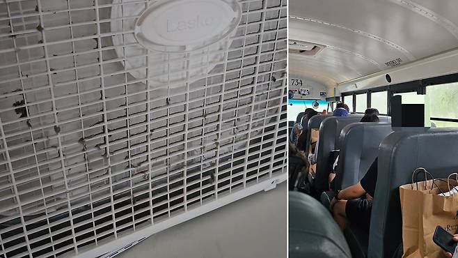 연수 참여자들의 요청으로 기숙사에 제공된 선풍기와 참여자들이 주로 이용했던 초등학생용 스쿨버스 내부 모습.