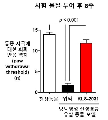 시험물질 투여 8주 후 KLS-2031을 투여한 동물모델은 위약(가짜약)을 맞은 대조군과 비교해 통증자극에 대한 회피 반응이 정상동물에 가깝게 회복됐다. 코오롱생명과학 제공