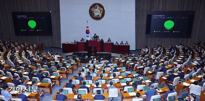 모처럼 꽉 찬 의석 ‘완전체 국회’ 28일 국회 본회의에서 양육 의무를 저버린 부모의 상속 권한을 박탈하는 민법 일부개정법률안(구하라법)이 통과되고 있다. 성동훈 기자 zenism@kyunghyang.com