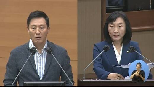 29일 열린 서울시의회 326회 임시회 3차 본회의에서 질의에 나선 이영실 서울시의원(더불어민주당)이 오세훈 서울시장에게 질의하고 있다. 중계 영상 갈무리