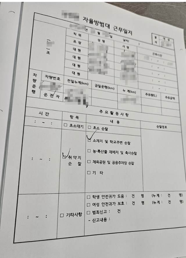 전북 완주 지역 한 자율방범대 활동일지에 탈퇴한 회원의 이름과 서명이 적혀 있다. 독자 제공