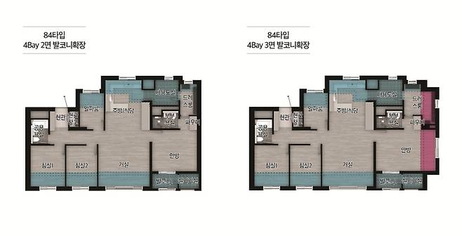 4베이 3면 발코니 특화 설계가 적용된 ‘번영로 하늘채 라크뷰’ 전용 84㎡ 평면도 [사진 = 코오롱글로벌]