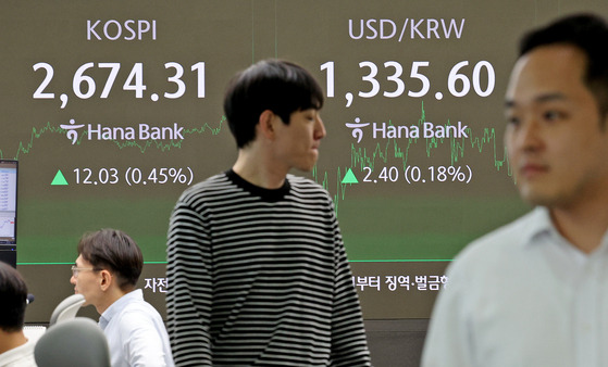 A screen in Hana Bank's trading room in central Seoul shows the Kospi closing at 2,674.31 on Friday, up 0.45 percent, or 12.03 points, from the previous trading session. [NEWS1]