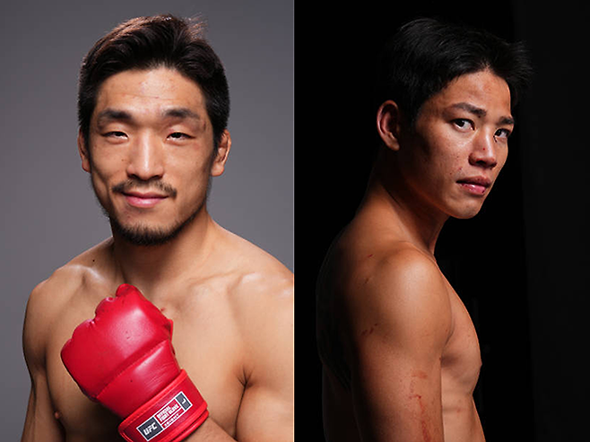 밴텀급 유수영(왼쪽), 플라이급 최동훈이 Road to UFC 시즌3 결승 진출 기념 촬영을 하고 있다. 사진=TKO