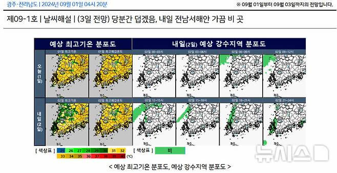 [광주=뉴시스] 예상 최고기온 분포도·강수지역 분포도. (사진=기상청 홈페이지 갈무리). photo@newsis.com *재판매 및 DB 금지