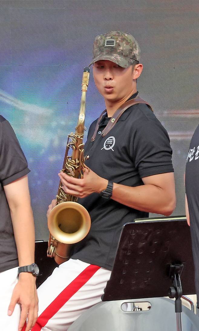 BTS member RM, currently serving in the South Korean Army’s 15th Infantry Division band, performs at the Tomato Festival in Hwacheon, Gangwon Province. /Yonhap News