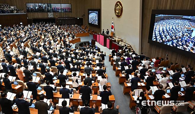 제22대 국회 개원식 겸 제418회국회(정기회) 개회식이 2일 서울 여의도 국회 본회의장에서 열렸다. 우원식 국회의장을 비롯한 국회의원들이 선서를 하고 있다. 이동근기자 foto@etnews.com