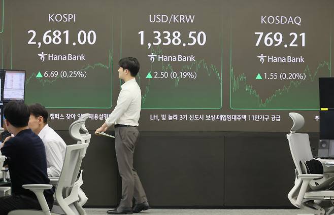 2일 서울 중구 하나은행 본점 딜링룸 현황판에 지수가 표시돼 있다. (사진=연합뉴스)
