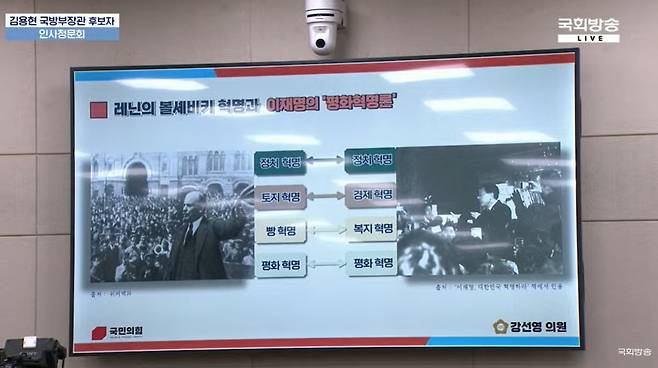 강선영 국민의힘 의원이 2일 밤 9시40분쯤 국회 국방위원회에서 열린 국방부 장관 인사청문회 질의를 통해 이재명 더불어민주당 대표의 평화혁명론이 사회주의자인 블라디미르 레닌이 주장하는 군주제 혁명 등과 유사하다고 주장한 모습. / 사진=국회방송