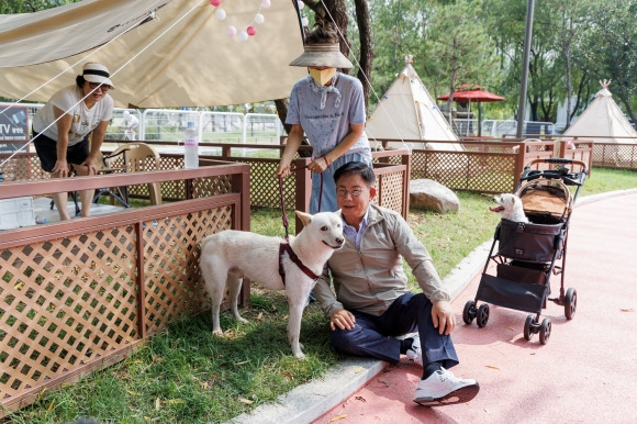 박강수(오른쪽) 서울 마포구청장이 지난달 28일 상암동 난지한강공원에서 시범 운영 중인 반려동물 캠프장을 찾아 홍보단 주민의 애견과 함께 사진을 찍고 있다. 마포구 제공