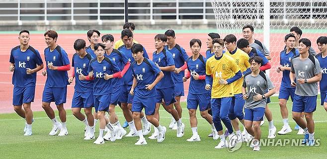 가자 '홍명보호' (고양=연합뉴스) 박동주 기자 = '홍명보호' 축구 대표팀 선수들이 2일 경기 고양시 고양종합운동장에서 2026 북중미 월드컵 아시아지역 3차 예선을 앞두고 훈련하고 있다. 2024.9.2 pdj6635@yna.co.kr