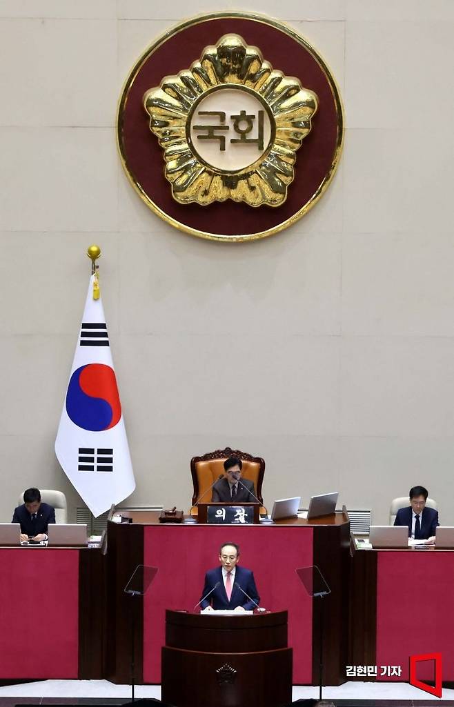 추경호 국민의힘 원내대표가 5일 국회에서 열린 본회의에서 교섭단체 대표연설을 하고 있다. 사진=김현민 기자 kimhyun81@