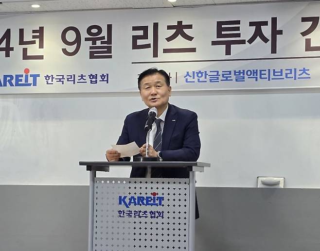 정병윤 한국리츠협회 회장이 5일 서울 여의도 한국리츠협회에서 연 '상장리츠 투자간담회'에서 인사말을 하고 있다 ⓒ데일리안