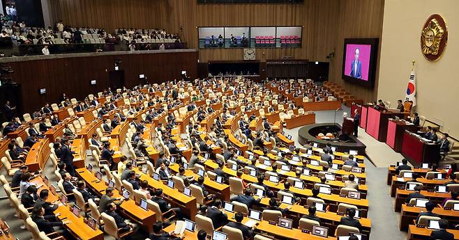 추경호 국민의힘 원내대표가 5일 오전 국회에서 열린 본회의에서 교섭단체 대표 연설을 하고 있다. 김경호 선임기자 jijae@hani.co.kr