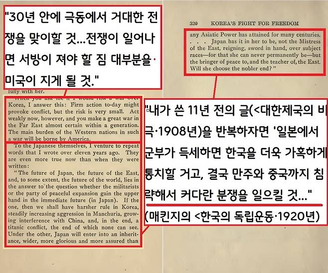 매킨지는 <대한제국의 비극>(1908)과 <한국의 독립운동>(1920)에서 “일본에서 군부가 독재하면…만주를 침략하고 중국에까지 확대되어 끝내는 커다란 분쟁을 야기하게 될 것”이라고 예언했다. 그러면서 “극동에서 전재잉 나면 대부분의 짐을 미국이 감당해야 할 것”이라고 경고했다.