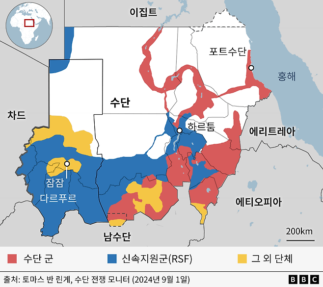 SAF, RSF, 기타 군사 단체가 점령한 지역을 표시한 수단 지도