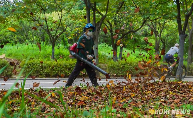 절기상 백로를 하루 앞둔 6일 경기 고양시 일산호수공원 산책로에서 시 관계자가 낙엽을 쓸어내고 있다.