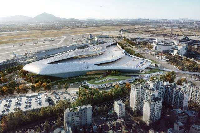 서울 강서구 공항동 김포공항 일대(35.4만㎡)가 9일 '김포공항 혁신지구'로 지정 고시된다. 김포공항 일대 35만4천㎡가 김포공항 혁신지구로 지정돼 교통허브로 본격 개발한다. 혁신지구 1블록에 조성하는 UAM 이착륙장 등 복합환승시설 조감도. 서울시 제공