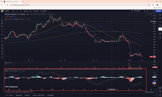 트레이딩뷰 차트에 MACD를 추가하면 하단에 별도 지표가 출력된다. / 출처=트레이딩뷰