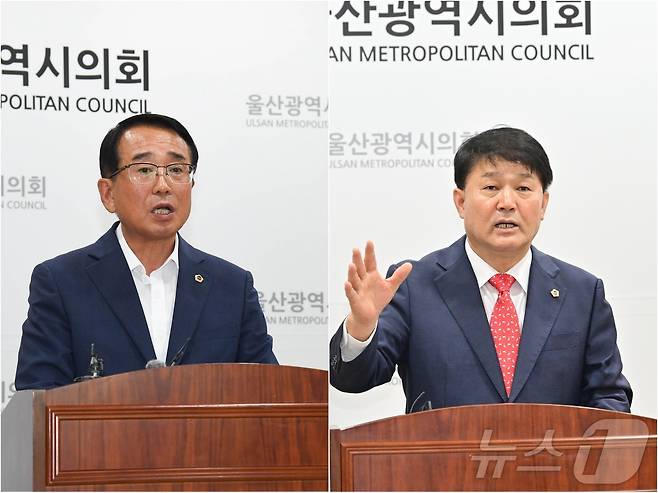 왼쪽부터 울산시의회 안수일 의원과 이성룡 의원이 각각 다른 날 시의회 프레스센터에서 기자회견을 열고 의장 재선거에 대한 대립된 의견을 주장했다.(시의회 제공)