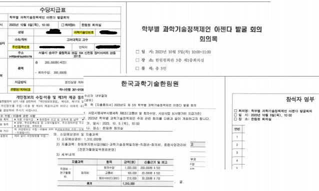 한림원이 개최되지도 않은 회의 참석자들에게 회의비를 지출하고 영수 처리한 서류.