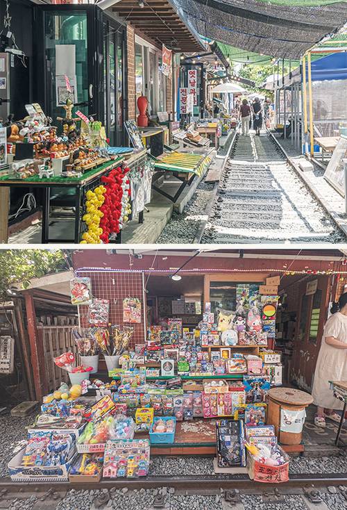 철길을 따라 옛 추억을 더듬으며 걸어보자,어린 시절 문방구와 점방에서 볼 수 있는 
먹거리와 장난감을 만날 수 있다.