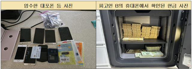 검찰이 불법 영화 및 드라마 스트리밍 사이트를 운영하면서 도박사이트까지 제작관리해주고 광고까지 해준 일당을 붙잡으면서 압수한 대포폰과 현금. 대전지검 제공