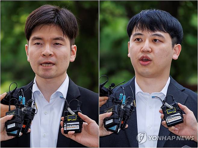 세브란스·아산병원 전공의 대표 참고인 조사 위해 경찰 출석 (서울=연합뉴스) 황광모 기자 = 김은식 세브란스 병원 전공의 대표(왼쪽)와 한성존 아산병원 전공의 대표가 9일 오전 참고인 조사를 받기 위해 서울 마포구 서울경찰청 공공범죄수사대 도착해 취재진 질문에 답하고 있다. 2024.9.9 hkmpooh@yna.co.kr