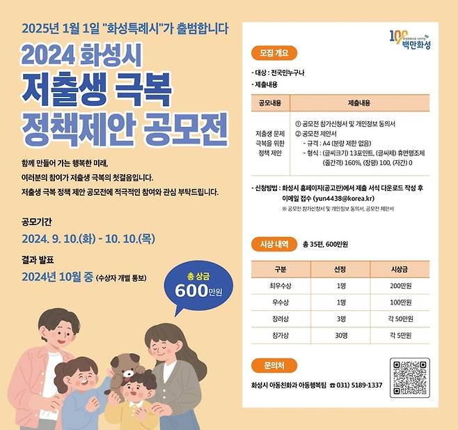 '2024년 화성시 저출생 극복 정책 제안 공모전 포스터.