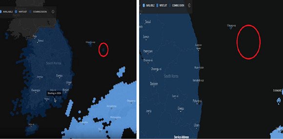 스타링크 서비스 가능지역 지도 이미지. 좌측은 올해 1월10일 기준, 우측은 이날 기준이다. [사진=스타링크 캡처]