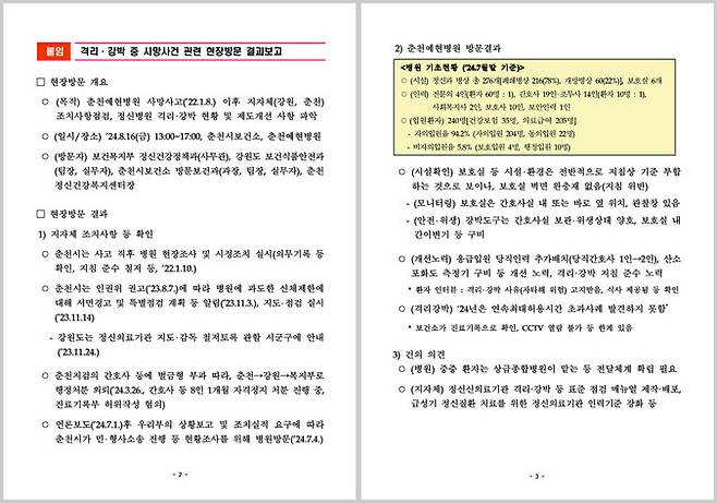 보건복지부가 춘천예현병원을 다녀와서 작성한 ‘격리·강박 중 사망사고 관련 현장방문 결과보고’. 사망사건의 원인을 파악하려는 노력은 전혀 보이지 않는다. 서미화 의원실 제공