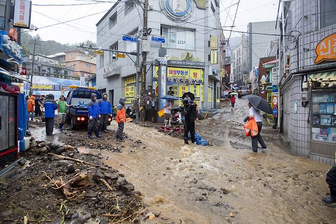 12일 호우경보와 산사태경보가 발효된 경북 울릉도 곳곳에서 빗물에 토사가 유실되는 등 피해가 발생했다. 울릉군 제공