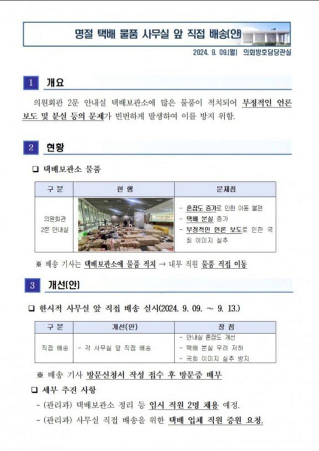 국회 사무처가 각 의원실에 보낸 협조 요청 공문