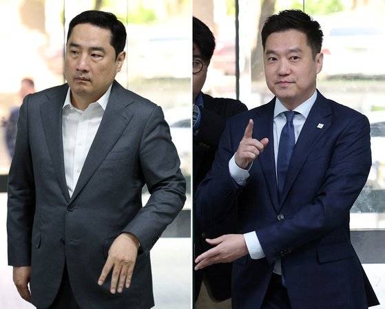 정보통신망법상 명예훼손 혐의를 받는 강용석 법무법인 넥스트로 대표변호사(왼쪽 사진)와 김세의 가로세로연구소 대표가 지난 4월 23일 서울 서초구 서울중앙지방법원에서 열린 항소심 선고 공판에 각각 출석하고 있다. 두 사람은 이날 항소심 선고 공판에서도 무죄를 선고받았다.뉴스1