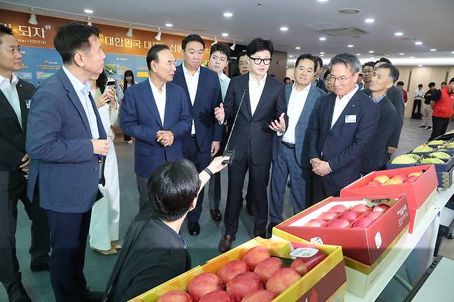 한동훈 국민의힘 대표가 12일 오전 경기도 안성시 농협안성농식품물류센터를 둘러보고 있다. [사진 출처 = 연합뉴스]