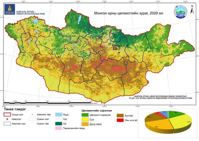 몽골 2020년 사막화 지도. 사막화 정도가 없음(초록색), 약함(노란색), 중간(주황색), 강함(갈색), 매우 강함(빨강색) 등으로 표시돼 있다. 사막화 정도에 따라서 매우 강함은 4.7%, 강함은 18.6%, 중간은 22.1%, 약함은 31.5%로 조사됐다. 몽골 자연환경관광부