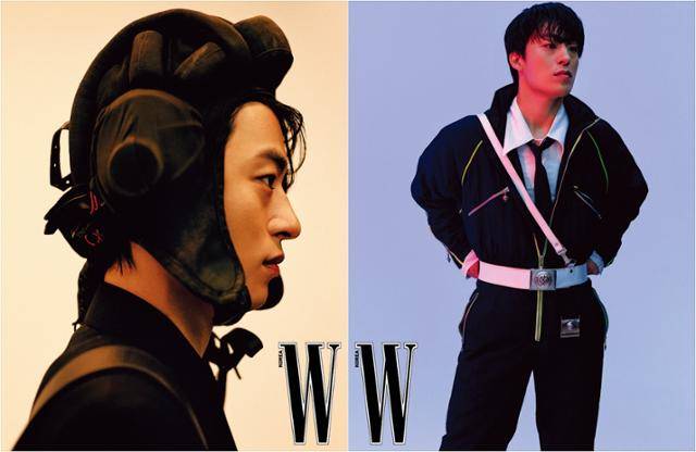 ‘밀리터리 룩’이 콘셉트인 화보엔 2차 세계대전 때 쓰였다는 군용 헬멧까지 동원했다(왼쪽 사진). 군인을 연상시키는 제복, 벨트, 항공 점퍼, 워커 등도 적극 활용했다. 화보의 주인공은 배우 구교환. 박선용 스타일리스트가 지금까지 참여한 화보 중 가장 만족스러워하는 작품이다. '더블유 코리아' 제공