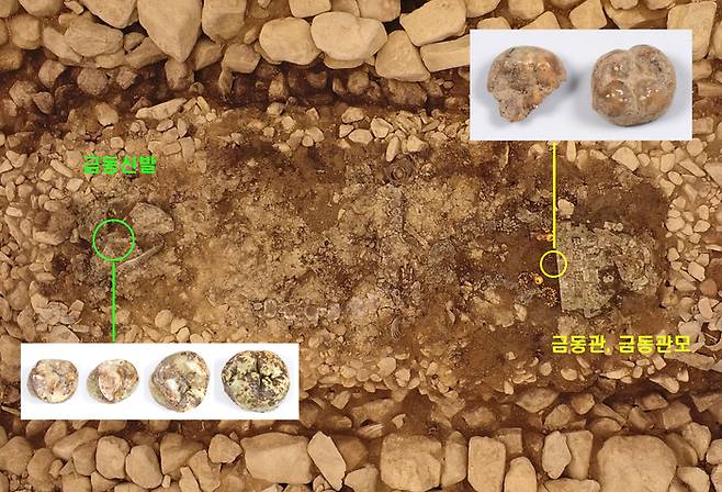 경주의 신라시대 고분인 ‘황남동 120-2호분’에서 무덤 주인과 3세 안팎 어린아이 순장자의 치아가 각각 확인됐다. 사진은 치아와 유물의 출토 당시 현황. 국가유산청 제공