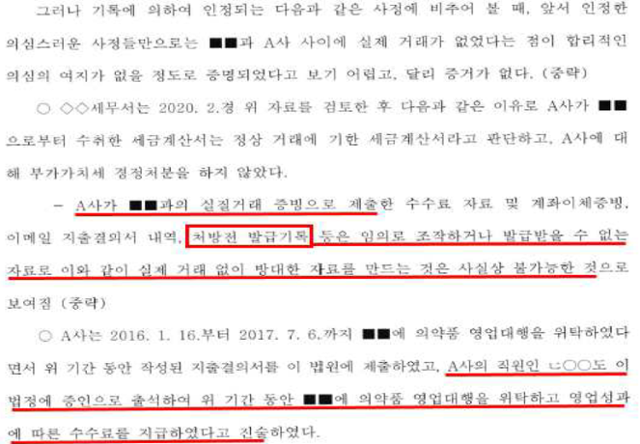 A사의 거래처인 하위 의약품 판매대행사의 가공거래 혐의 재판 1심 무죄 판결문 발췌. 서울중앙지검 제공